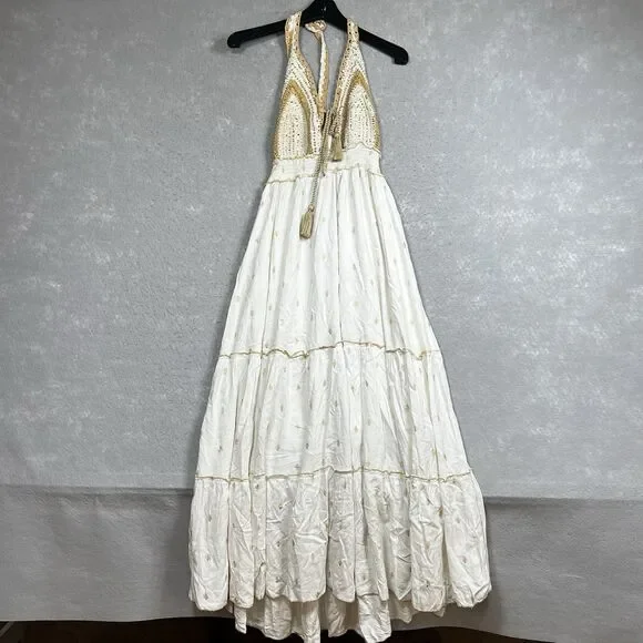 Zury Maxi Dress V-neck Caftan White BOHO Paisley Embroidered Women’s Free Size - Picture 1 of 10